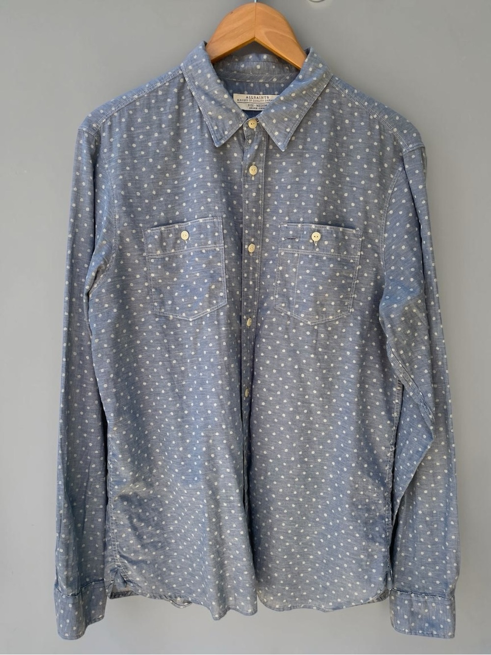 All Saints Men's Linen Blend Light Blue Polka Dot Butto n Down Shirt Size M